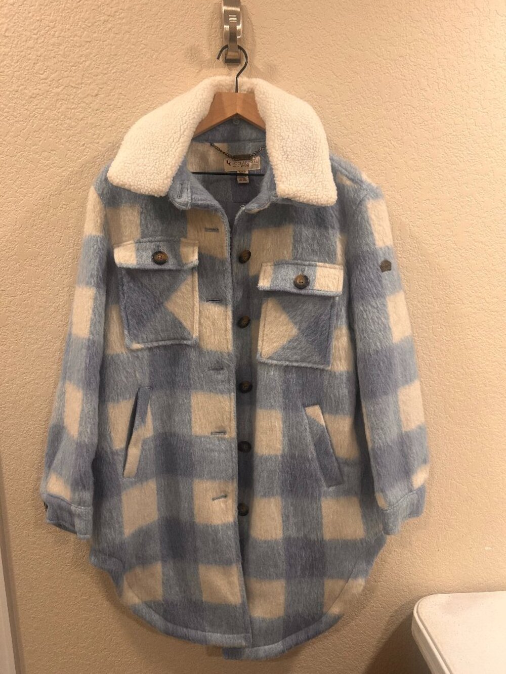 Koolaburra by UGG Plaid Faux-Wool Mid-Length Shacket Sky blue And Cream Size SM